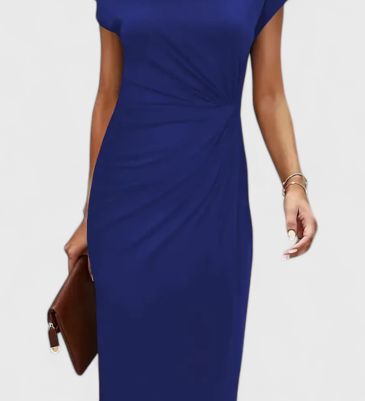 Vestido Midi Clásico Katrina con Cuello Redondo y Elegante Detalle Drapeado