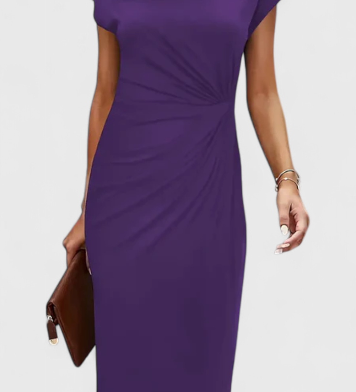 Vestido Midi Clásico Katrina con Cuello Redondo y Elegante Detalle Drapeado