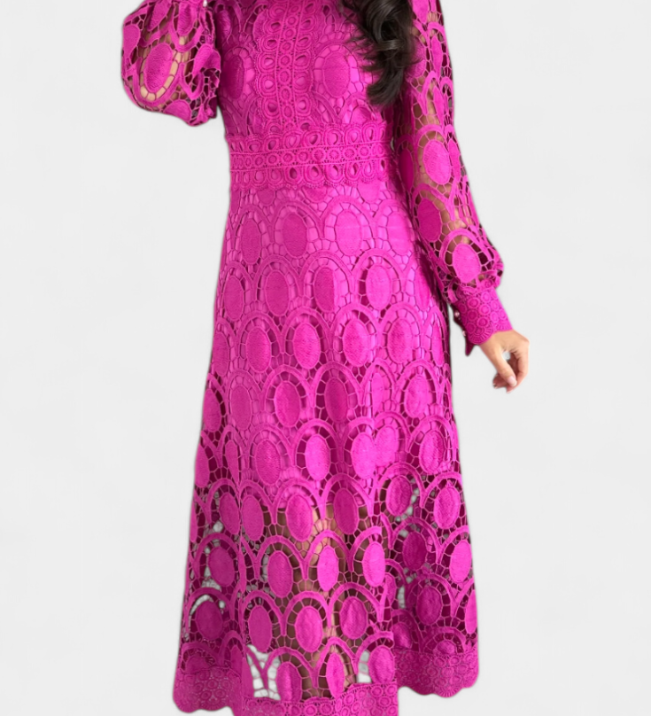 Jovie Vestido Midi de Encaje Bordado con Elegante Cuello Alto