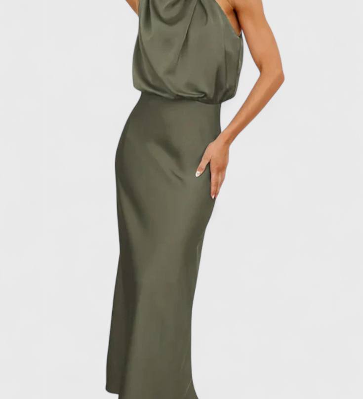 Vestido elegante Rina con cuello halter y detalles drapeados para ocasiones especiales