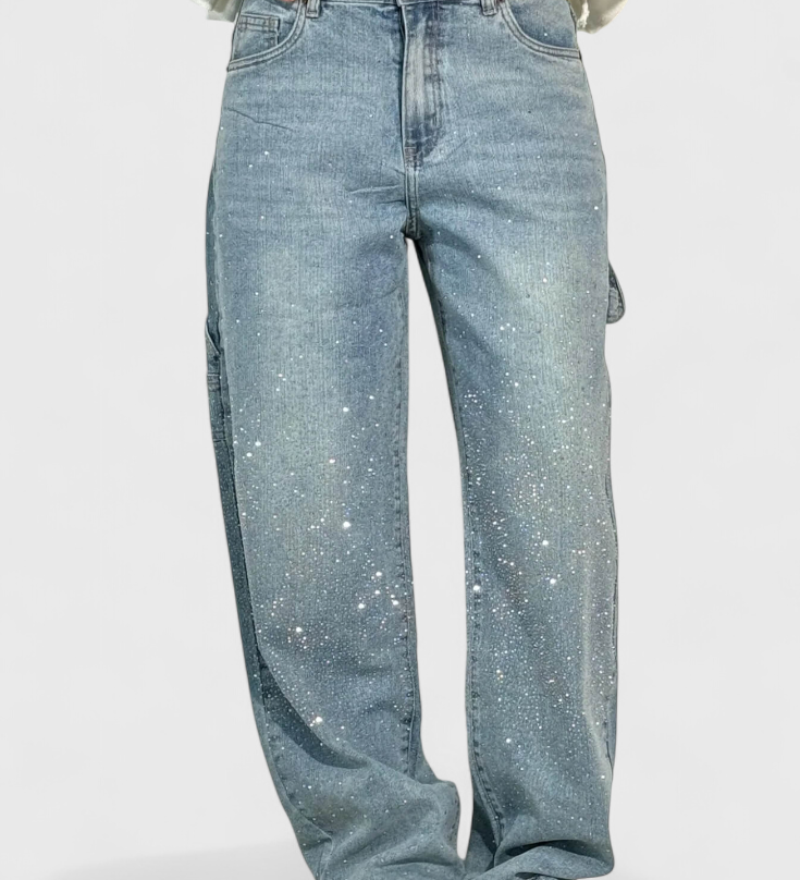 Dariya Jeans Cargo Balloon con Brillo y Elegantes Apliques de Pedrería