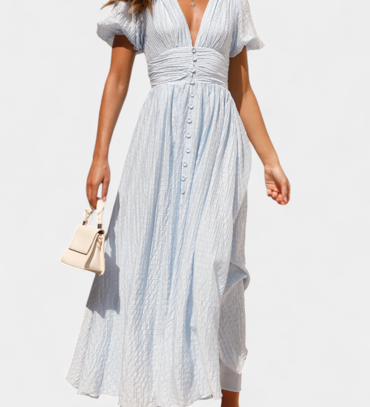 Vestido Maxi Mélia con Escote en V y Mangas Abullonadas - Elegancia y Comodidad para Cualquier Ocasión