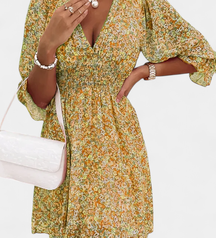 Benicia - Vestido Floral de Manga Abullonada y Dobladillo Juguetón para un look encantador