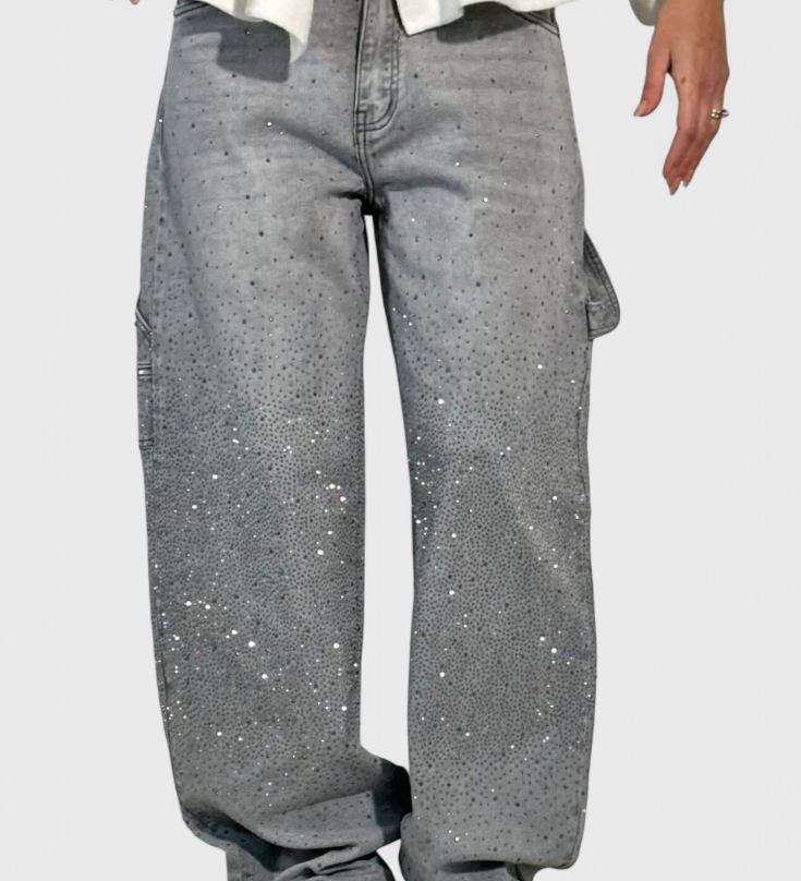 Dariya Jeans Cargo Balloon con Brillo y Elegantes Apliques de Pedrería