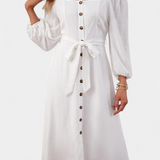 Vestido de Hombros Descubiertos Leonor con Detalles de Botones y Lazo Frontal para un Estilo Elegante