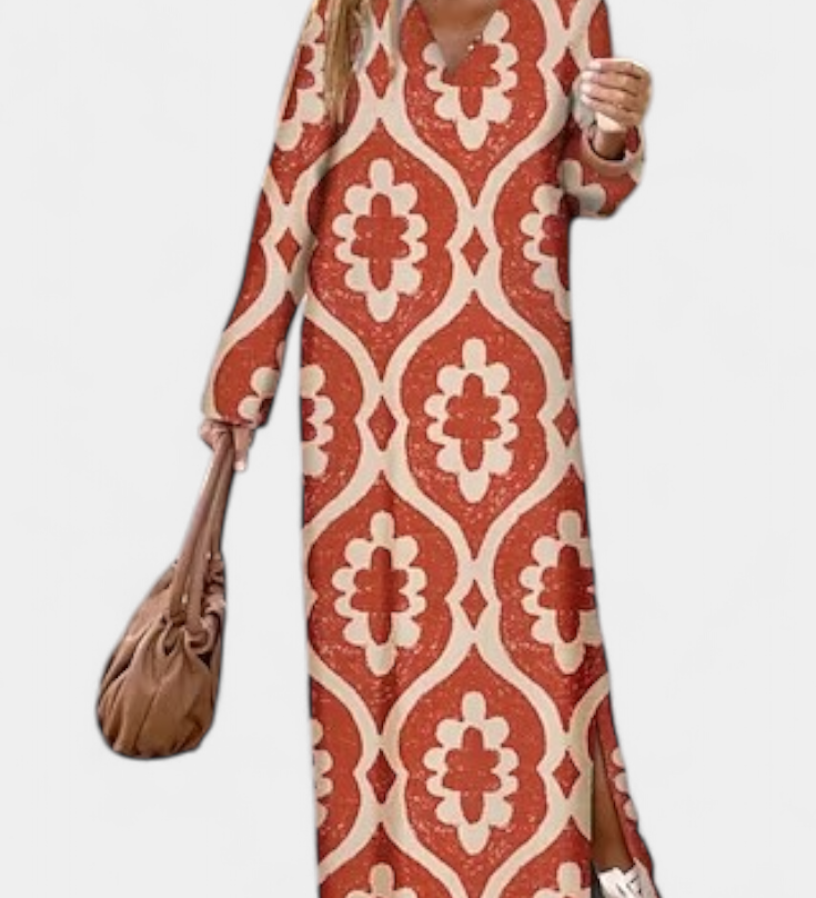 Vestido Largo Geométrico Brisa con Abertura y Escote en V - Elegancia y Estilo Sin Esfuerzo