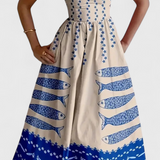 Vestido Vintage Maricela con Tirantes y Chic Estampado de Sardinas
