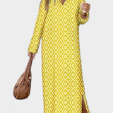Vestido Largo Geométrico Brisa con Abertura y Escote en V - Elegancia y Estilo Sin Esfuerzo