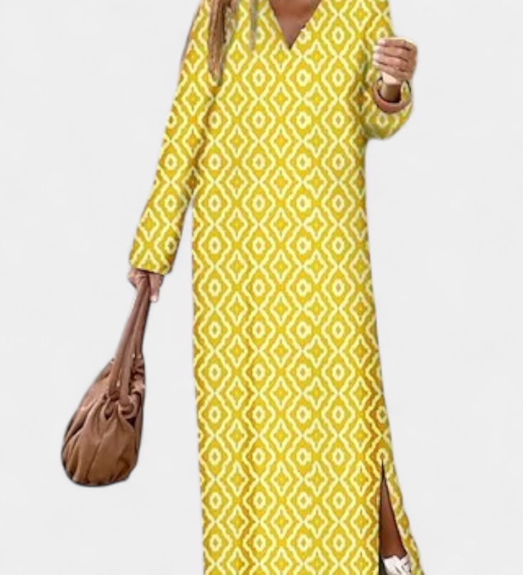 Vestido Largo Geométrico Brisa con Abertura y Escote en V - Elegancia y Estilo Sin Esfuerzo