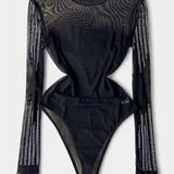 Antonella Body de Malla Transparente con Mangas Largas y Detalles Brillantes