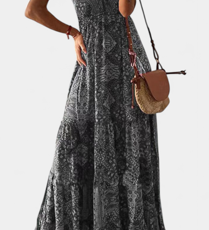 Elegante Vestido Vintage con Estampado Floral y Cintura Alta para un Look Sofisticado