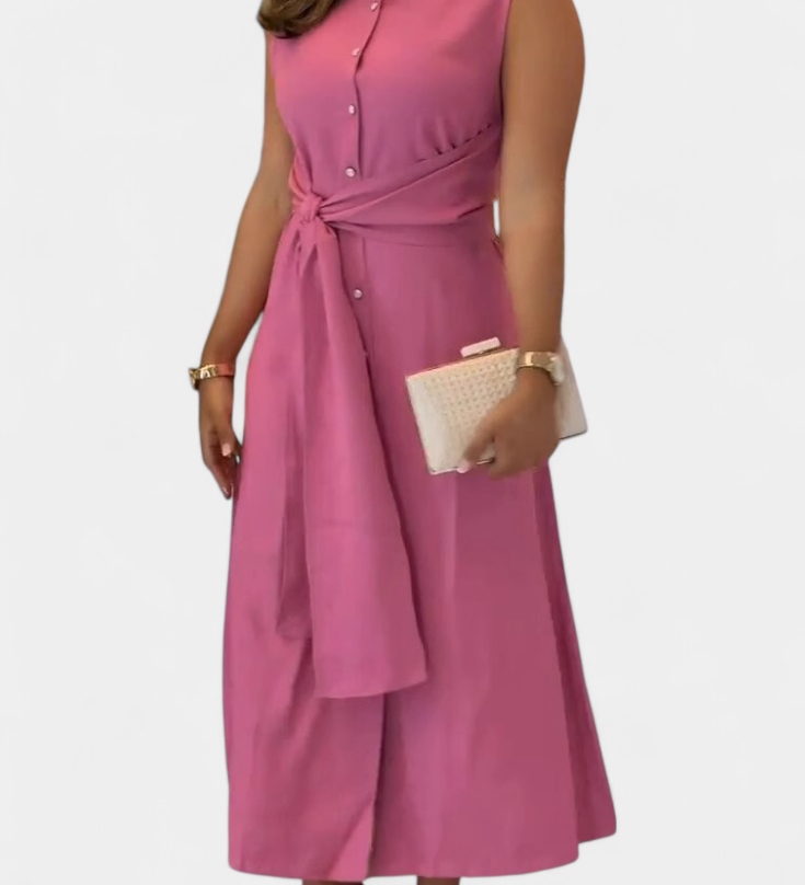 Vestido Elegante sin Mangas Behnaz con Cinturón y Cuello Camisero - Look Sofisticado y Moderno