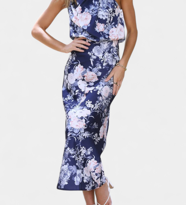 Elegante vestido maxi floral Lisa con escote halter y cinturilla elástica