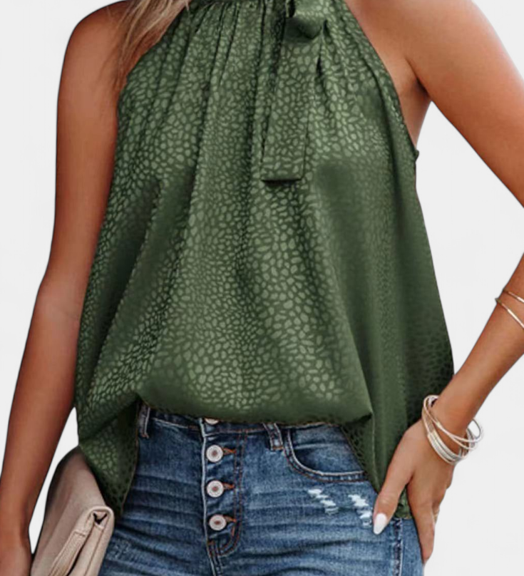 Elegante Adela Top sin mangas con estampado de leopardo, cuello alto y lazo para un estilo atrevido y sofisticado