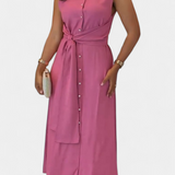 Vestido Elegante sin Mangas Behnaz con Cinturón y Cuello Camisero - Look Sofisticado y Moderno
