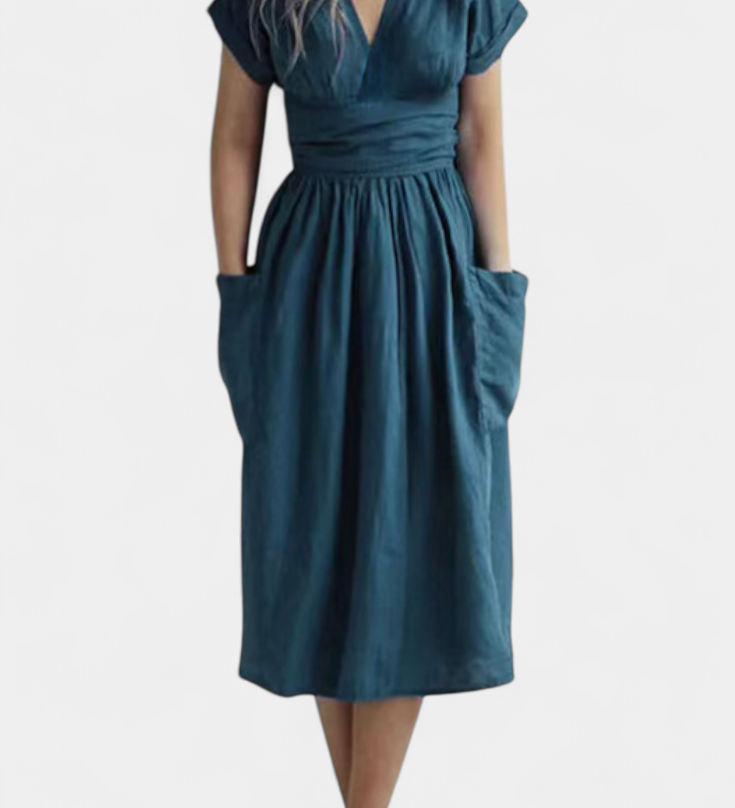 Cressida Elegante Vestido de Algodón con Escote en V y Cintura Ajustable para un Ajuste Perfecto