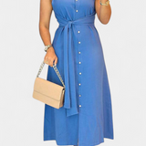 Vestido Elegante sin Mangas Behnaz con Cinturón y Cuello Camisero - Look Sofisticado y Moderno