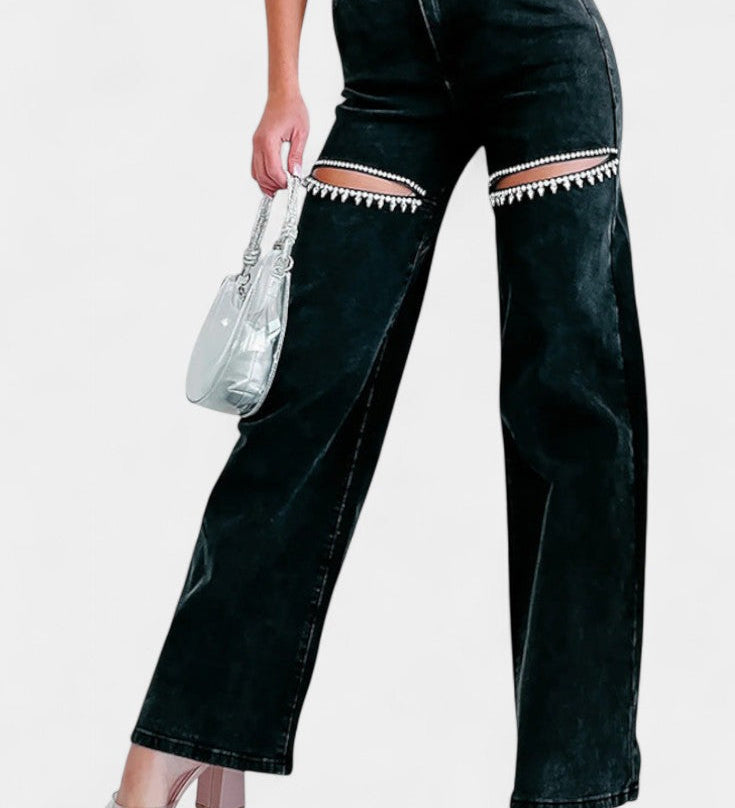 Jeans Evian Ripped Straight-Leg con Elegantes Rhinestones