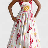 Vestido Vintage Maricela con Tirantes y Chic Estampado de Sardinas