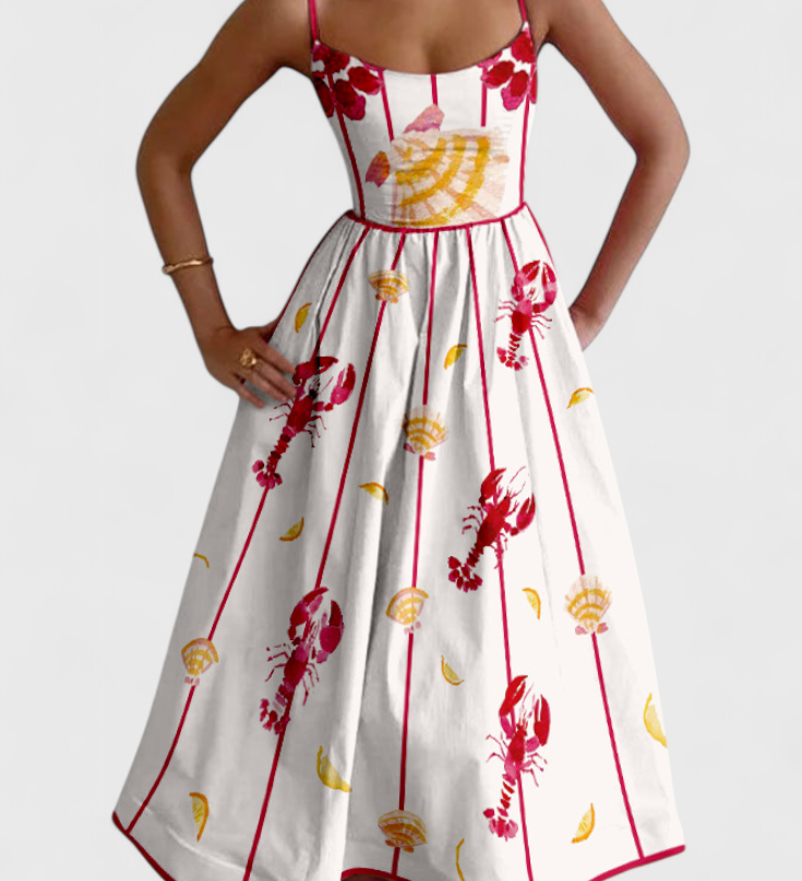 Vestido Vintage Maricela con Tirantes y Chic Estampado de Sardinas