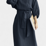 Krisbel Elegante Vestido de Lino y Algodón con Cintura Anudada para un Look Sofisticado