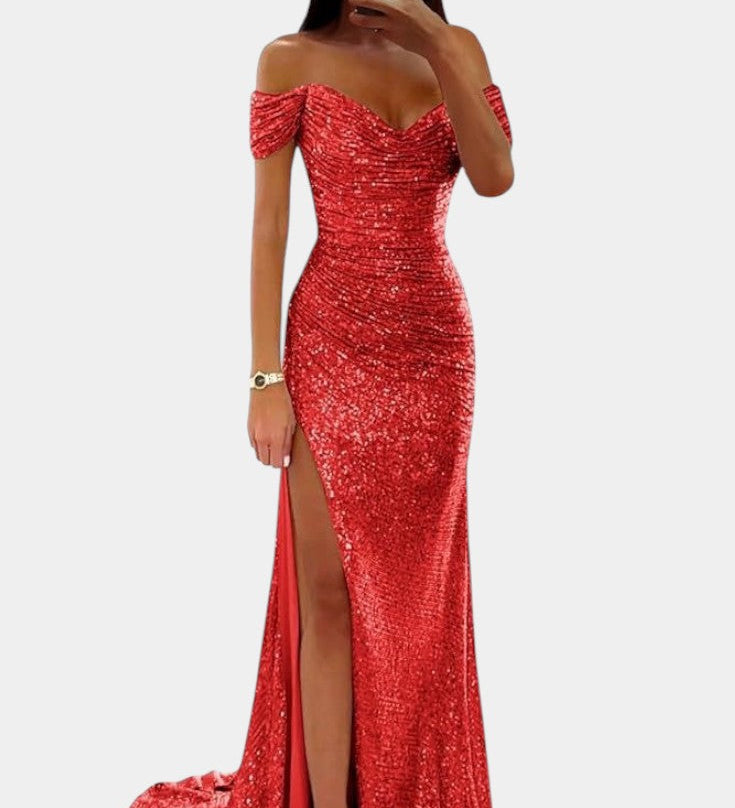 Ariel Vestido de Sirena con Lentejuelas y Diseño Off-Shoulder para Brillar en Cada Ocasión