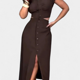 Vestido Midi Griselda con Botones y Diseño de Cintura Abierta para un Look Elegante y Moderno