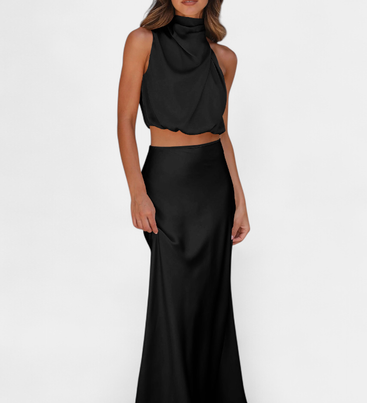 Hanna Elegante Conjunto con Falda Drapeada y Diseño Sin Espalda