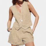Jennifer Conjunto con Chaleco y Pantalones Cortos de Lino de Algodón para un Look Elegante y Confortable