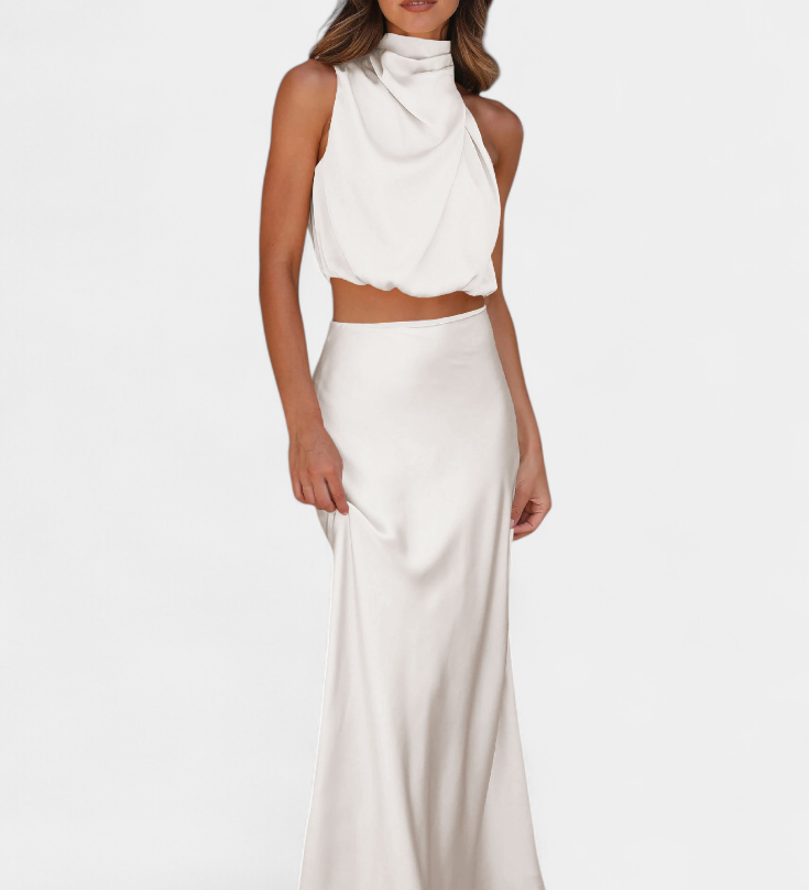 Hanna Elegante Conjunto con Falda Drapeada y Diseño Sin Espalda