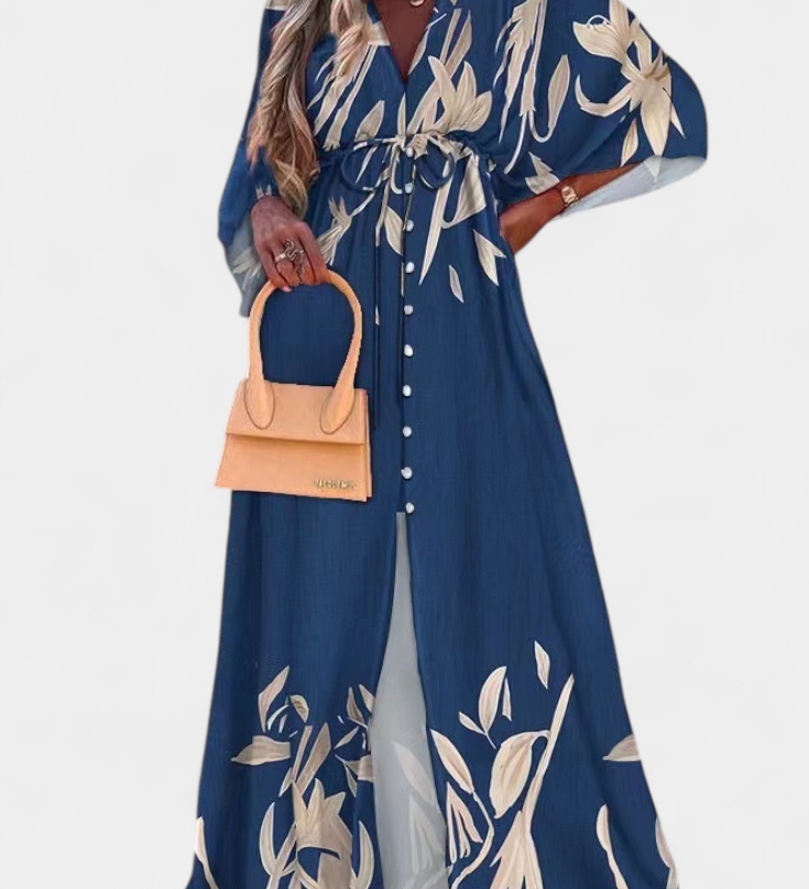 Vestido Maxi Joelle con Diseño Arcoíris, Escote en V y Manga Murciélago, Perfecto para Llevar con Estilo