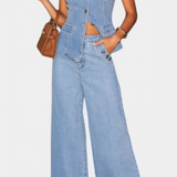 Conjunto de Denim Ludovica con Chaleco Ajustado y Pantalones de Pierna Ancha para un Estilo Moderno y Confortable