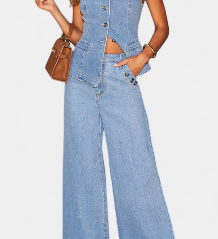 Conjunto de Denim Ludovica con Chaleco Ajustado y Pantalones de Pierna Ancha para un Estilo Moderno y Confortable