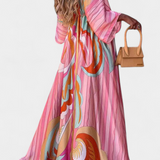 Vestido Maxi Joelle con Diseño Arcoíris, Escote en V y Manga Murciélago, Perfecto para Llevar con Estilo