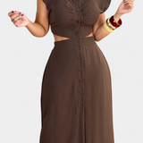 Vestido Midi Griselda con Botones y Diseño de Cintura Abierta para un Look Elegante y Moderno