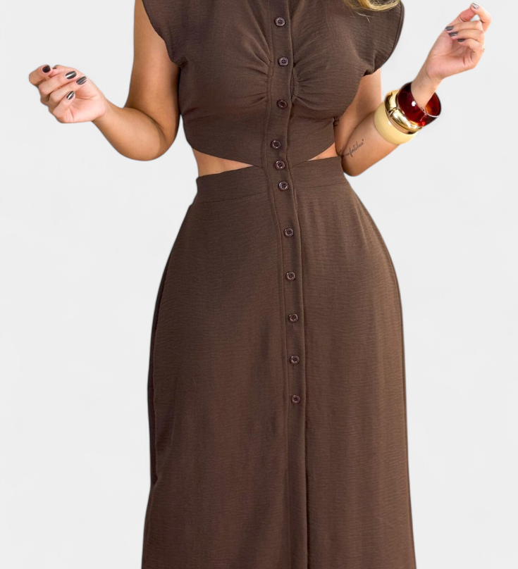 Vestido Midi Griselda con Botones y Diseño de Cintura Abierta para un Look Elegante y Moderno