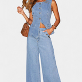 Conjunto de Denim Ludovica con Chaleco Ajustado y Pantalones de Pierna Ancha para un Estilo Moderno y Confortable
