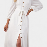 Vestido de Hombros Descubiertos Leonor con Detalles de Botones y Lazo Frontal para un Estilo Elegante