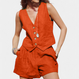 Jennifer Conjunto con Chaleco y Pantalones Cortos de Lino de Algodón para un Look Elegante y Confortable