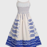 Vestido Vintage Maricela con Tirantes y Chic Estampado de Sardinas