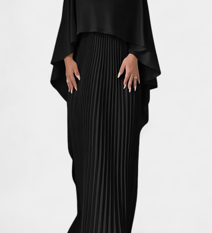 Jane Vestido Maxi de Cuello Alto con Pliegues y Mangas de Volante – Elegancia y Estilo para Cualquier Ocasión