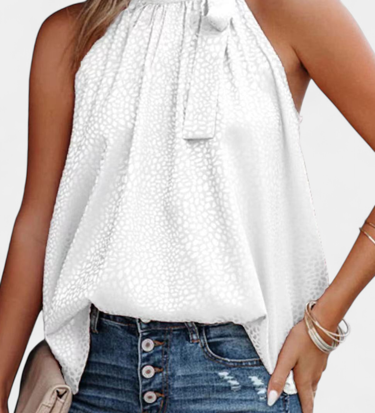 Elegante Adela Top sin mangas con estampado de leopardo, cuello alto y lazo para un estilo atrevido y sofisticado