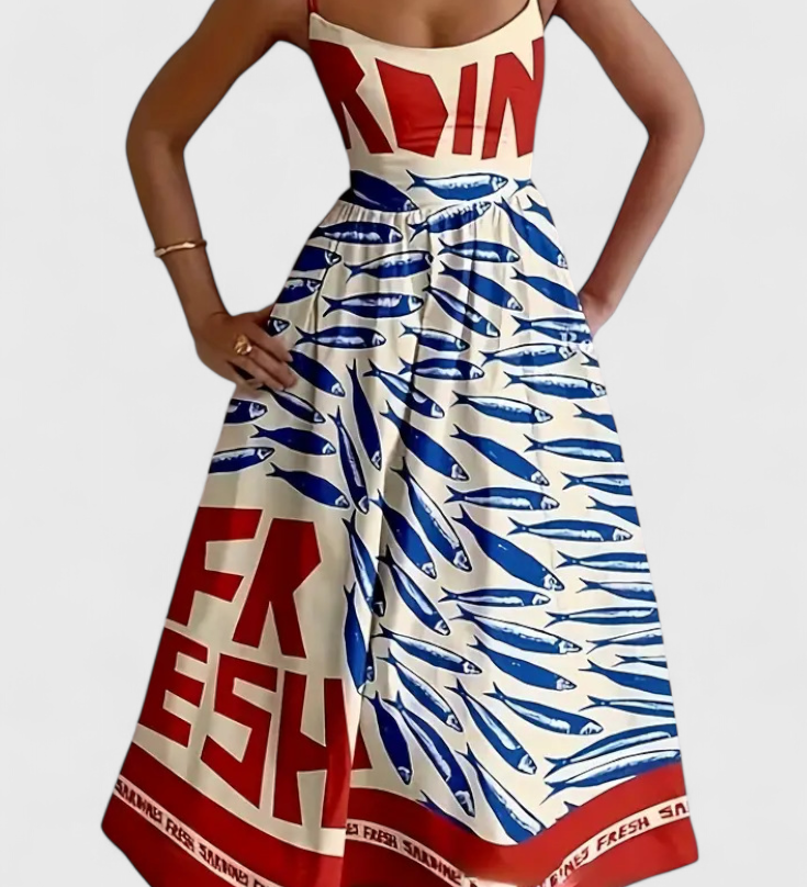 Vestido Vintage Maricela con Tirantes y Chic Estampado de Sardinas