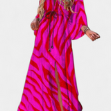 Vestido Maxi Joelle con Diseño Arcoíris, Escote en V y Manga Murciélago, Perfecto para Llevar con Estilo