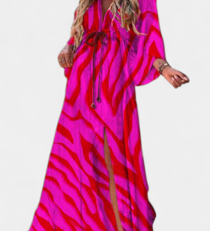 Vestido Maxi Joelle con Diseño Arcoíris, Escote en V y Manga Murciélago, Perfecto para Llevar con Estilo