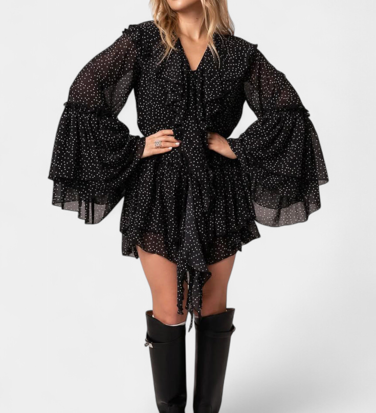 Alida Pétalo de Chifón con Lunares y Escote Volantes - Elegante Vestido Mini Ideal para Cualquier Ocasión