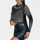 Antonella Body de Malla Transparente con Mangas Largas y Detalles Brillantes