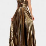 Elegante Vestido Maxi Metálico Aikaterini con Cuello Cruzado y Detalle en Abertura