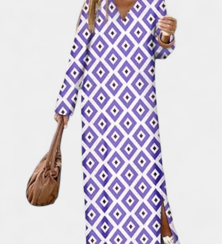 Vestido Largo Geométrico Brisa con Abertura y Escote en V - Elegancia y Estilo Sin Esfuerzo