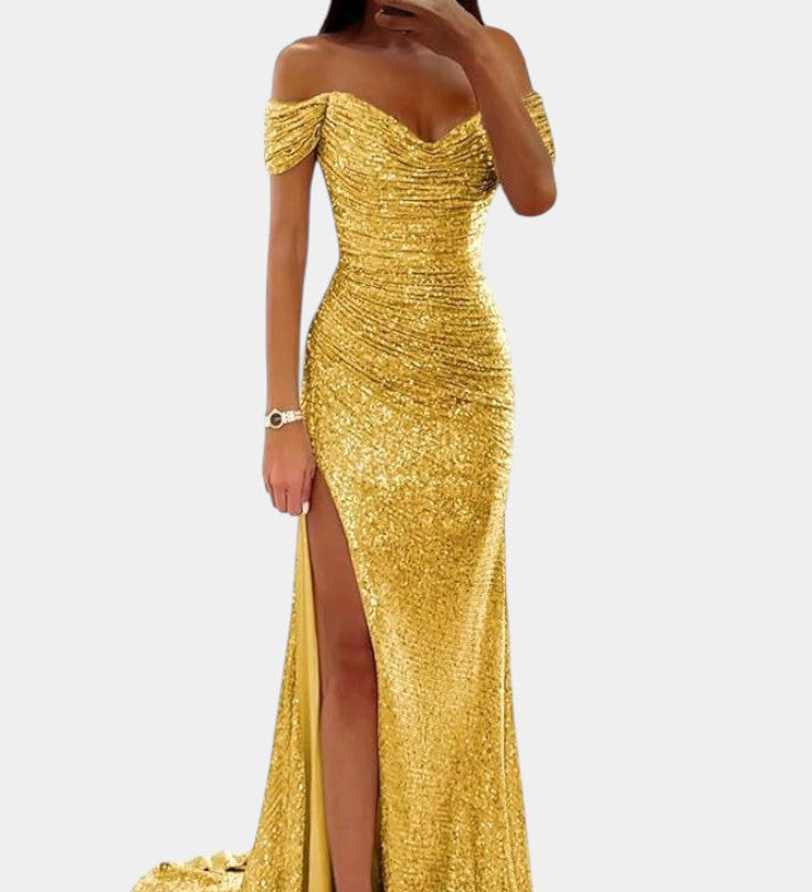 Ariel Vestido de Sirena con Lentejuelas y Diseño Off-Shoulder para Brillar en Cada Ocasión
